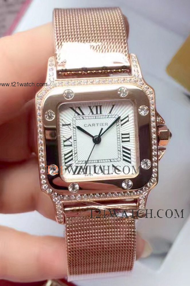 Women Cartier Santos Replica Watch Rose Gold Diamond Case